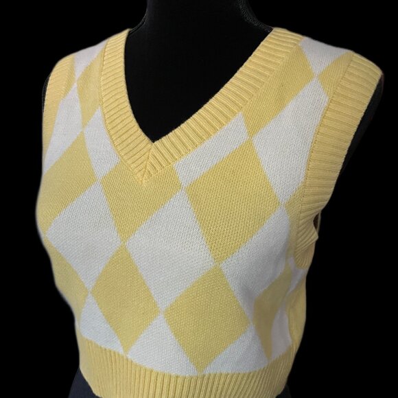 Jacquard-Knit Sweater Vest Pullover Checkered Yellow Crop Top Size S - Picture 3 of 6
